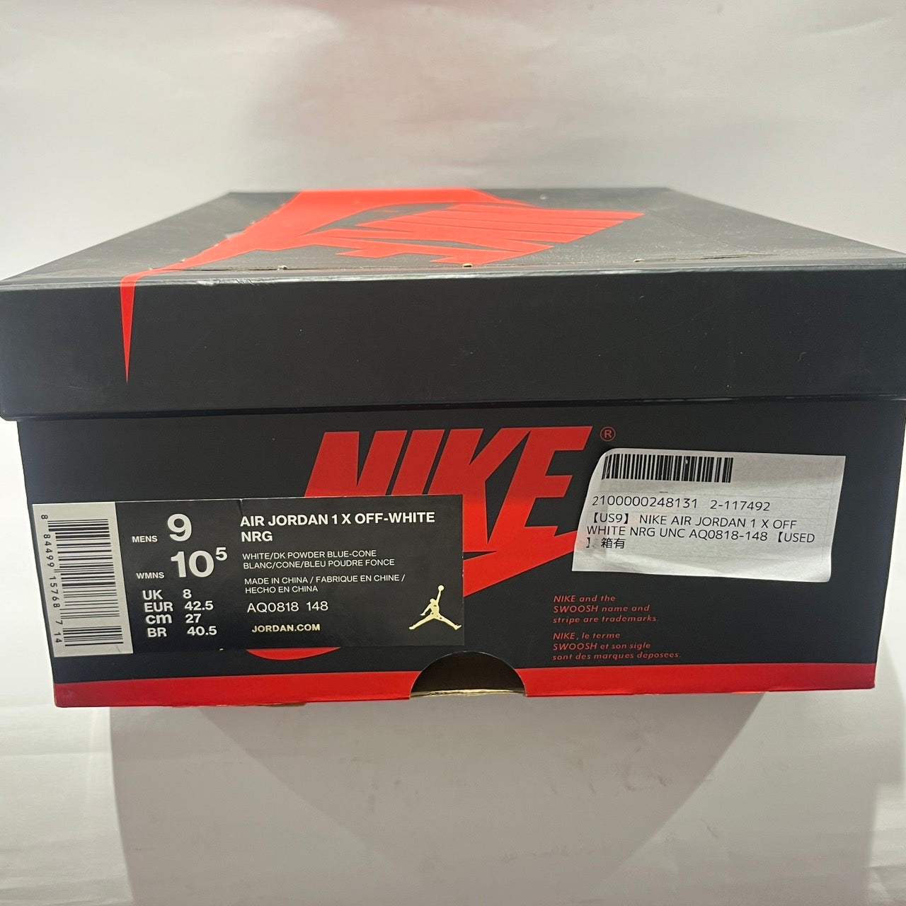 【US9】 NIKE AIR JORDAN 1 X OFF WHITE NRG UNC AQ0818-148 【USED】