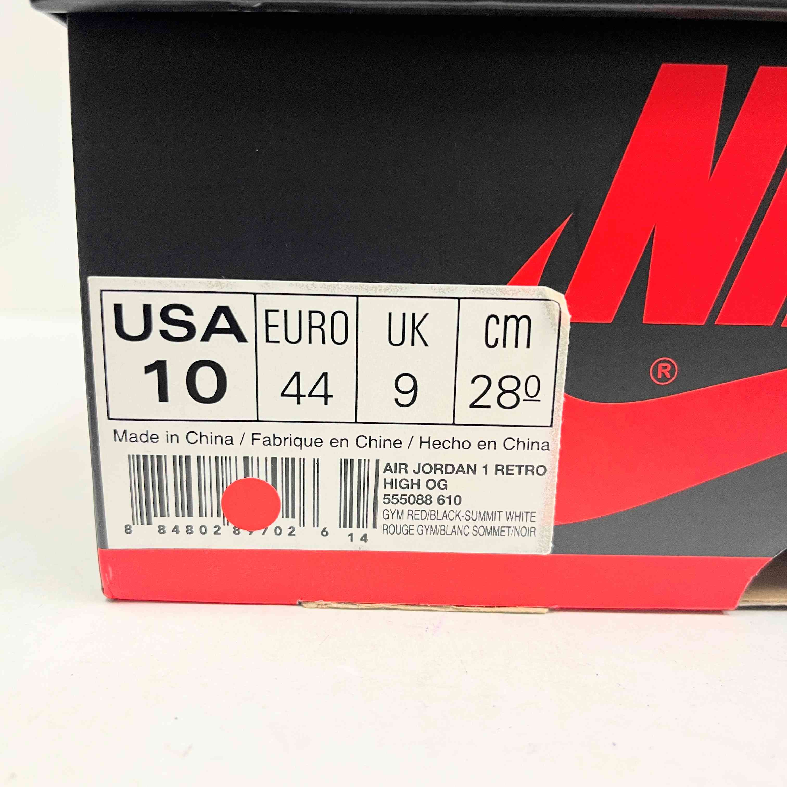 【US10】 AIR JORDAN 1 RETRO HIGH OG BRED TOE 555088-610 【USED】